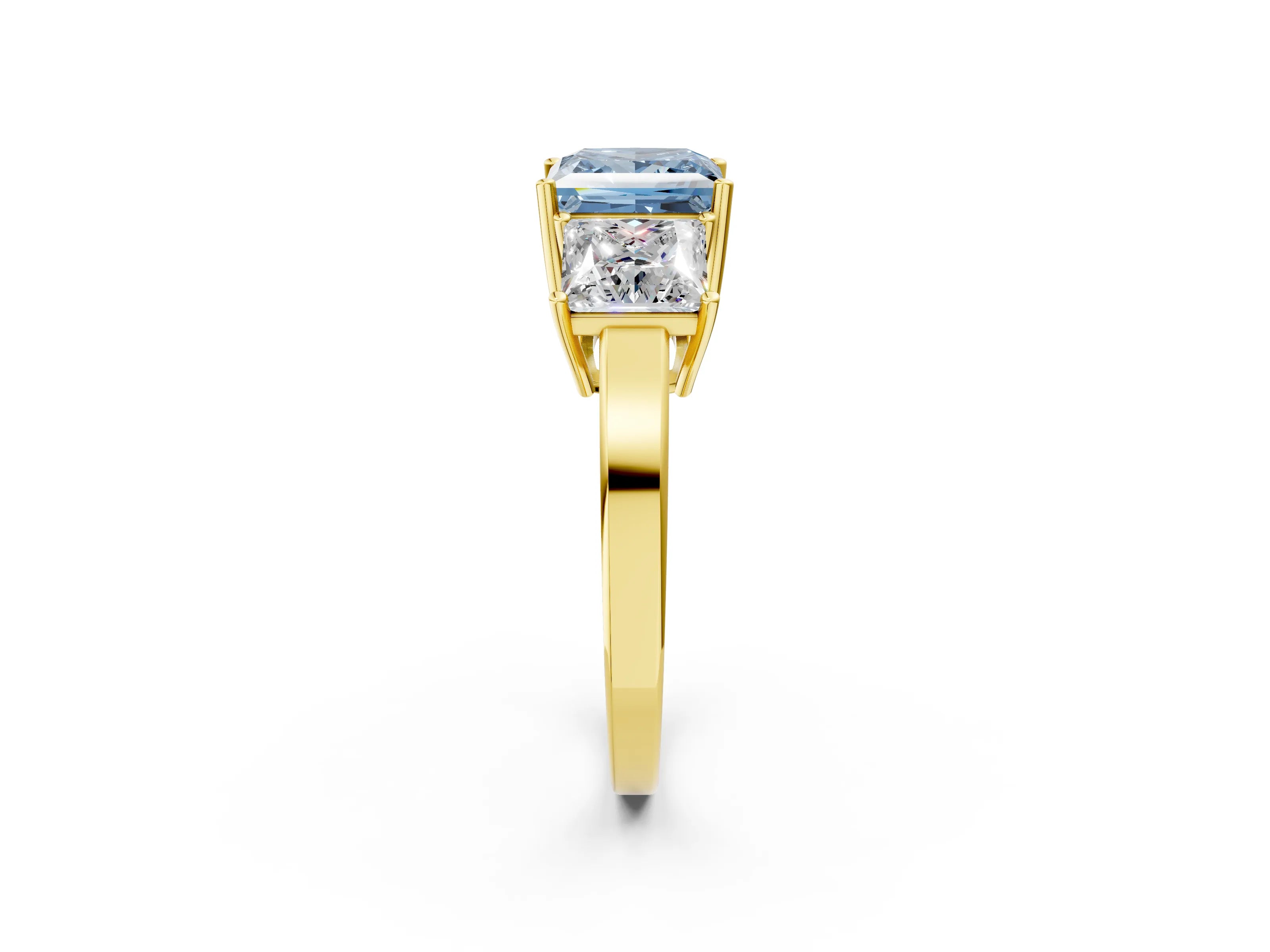 Yellow gold Three-Stone Fancy Blue Princess Cut Cut Diamond Engagement Ring with Flat Band and Four-Prong Setting_2
