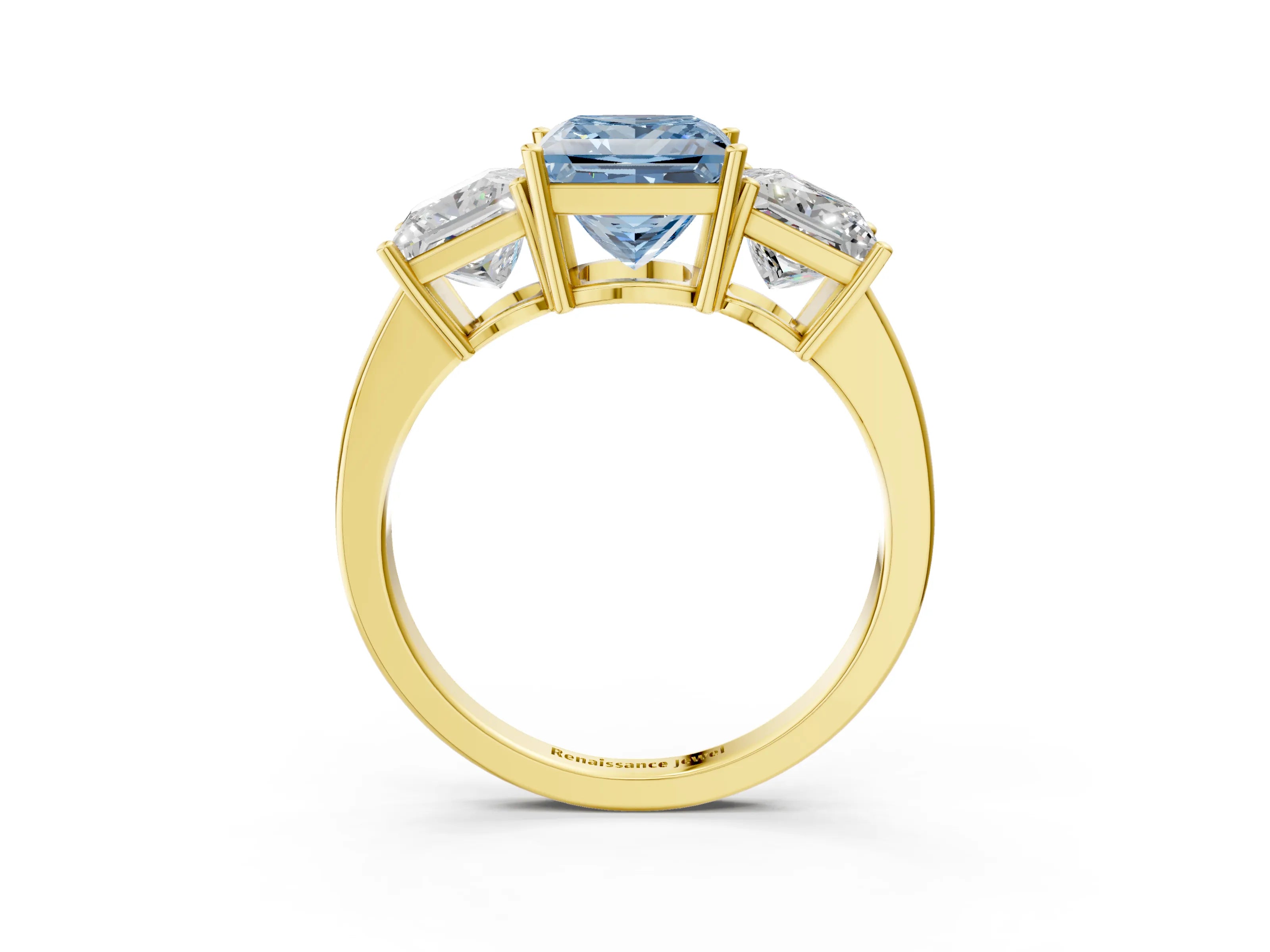 Yellow gold Three-Stone Fancy Blue Princess Cut Cut Diamond Engagement Ring with Flat Band and Four-Prong Setting_3