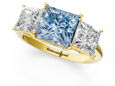Yellow gold Three-Stone Fancy Blue Princess Cut Cut Diamond Engagement Ring with Prong Setting on a White Gold Band_1