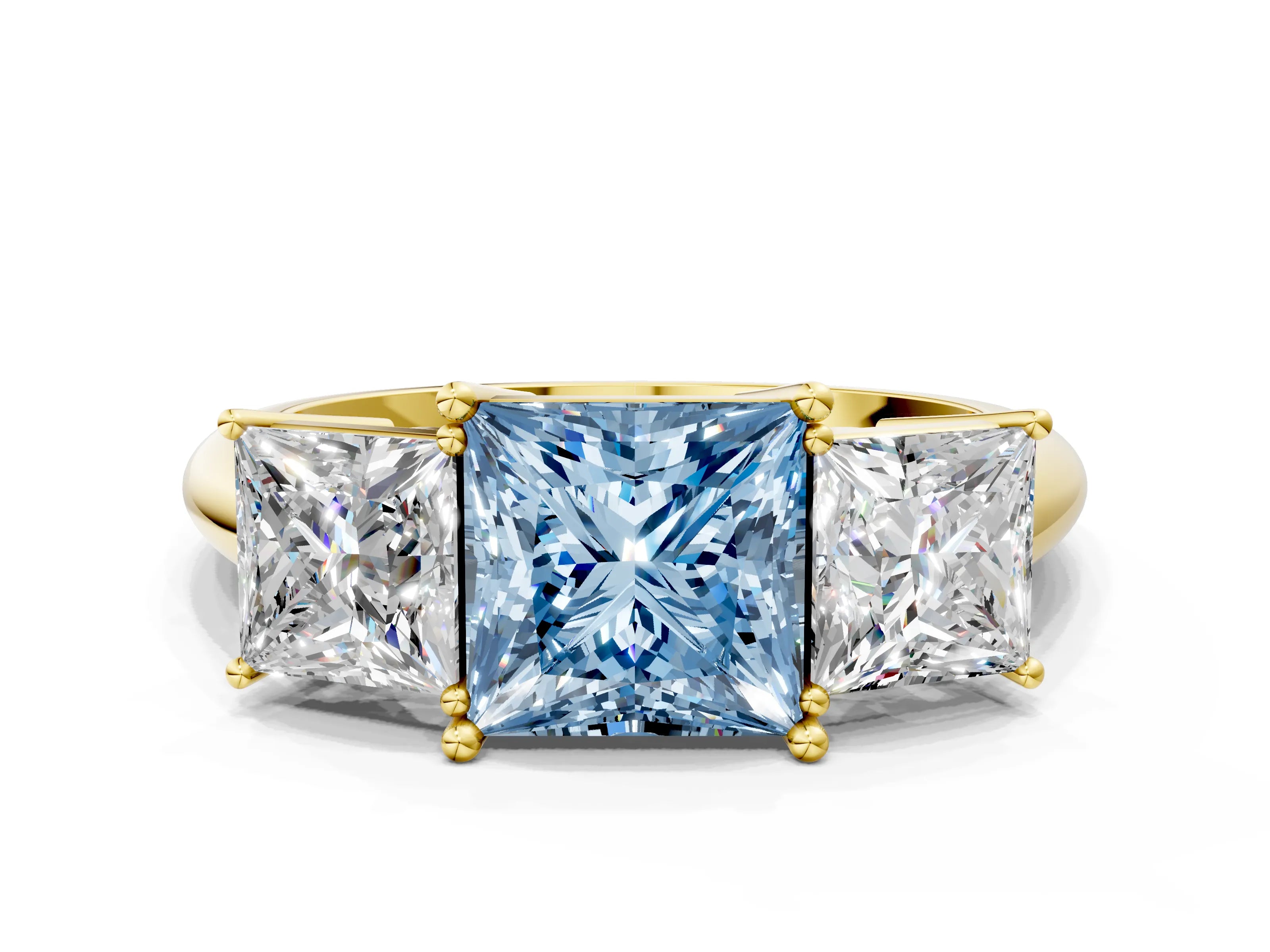 Yellow gold Three-Stone Fancy Blue Princess Cut Cut Diamond Engagement Ring with Prong Setting on a White Gold Band_24