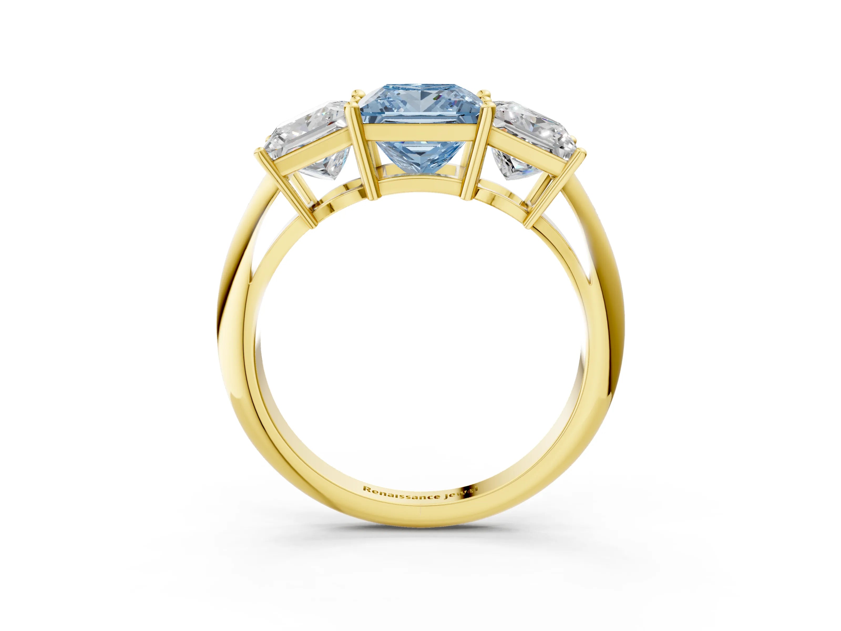 Yellow gold Three-Stone Fancy Blue Princess Cut Cut Diamond Engagement Ring with Prong Setting on a White Gold Band_3
