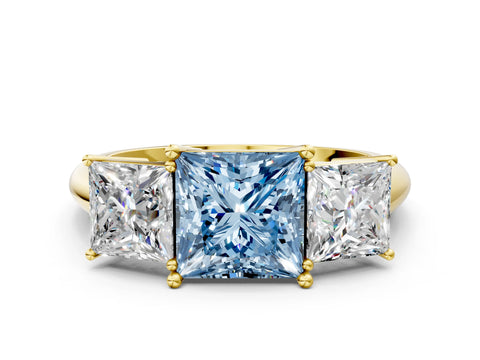 Yellow gold Three-Stone Fancy Blue Princess Cut Cut Diamond Engagement Ring with Prong Setting on a White Gold Band