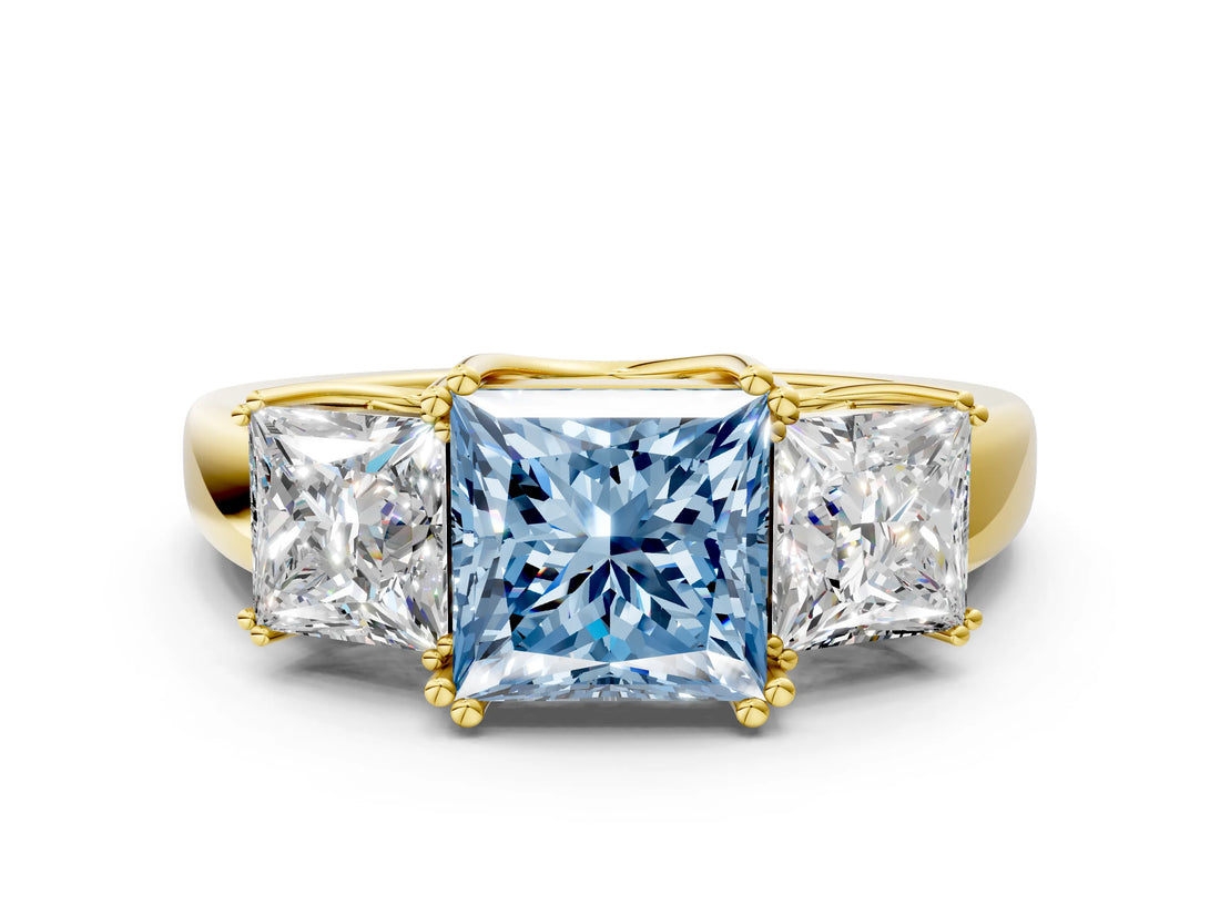 Yellow gold Three-Stone Fancy Blue Princess Cut Cut Diamond Ring with Channel Set Band and Four-Prong Setting_24