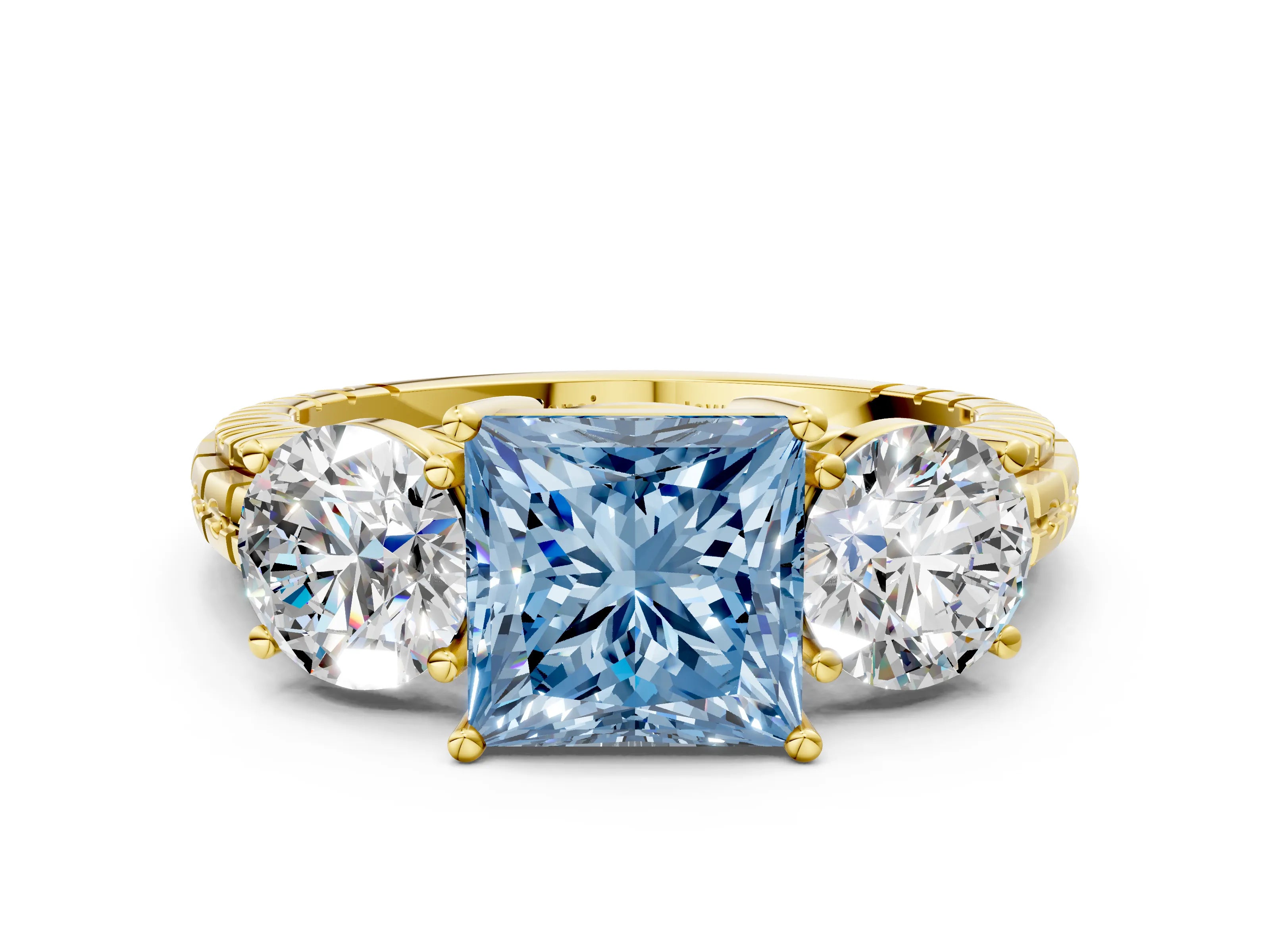 Yellow gold Three-Stone Fancy Blue Princess Cut Cut Diamond Ring with Channel-Set Band and Prong Setting