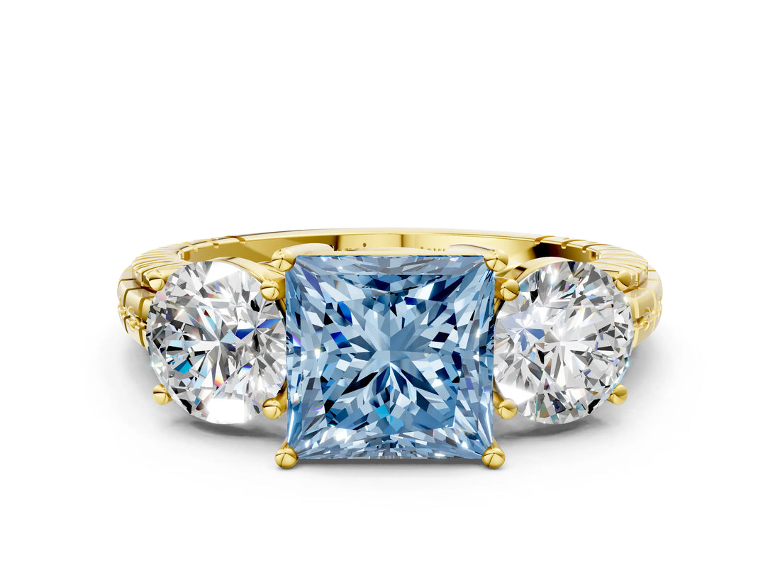 Yellow gold Three-Stone Fancy Blue Princess Cut Cut Diamond Ring with Channel-Set Band and Prong Setting