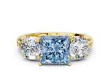 Yellow gold Three-Stone Fancy Blue Princess Cut Cut Diamond Ring with Channel-Set Band and Prong Setting