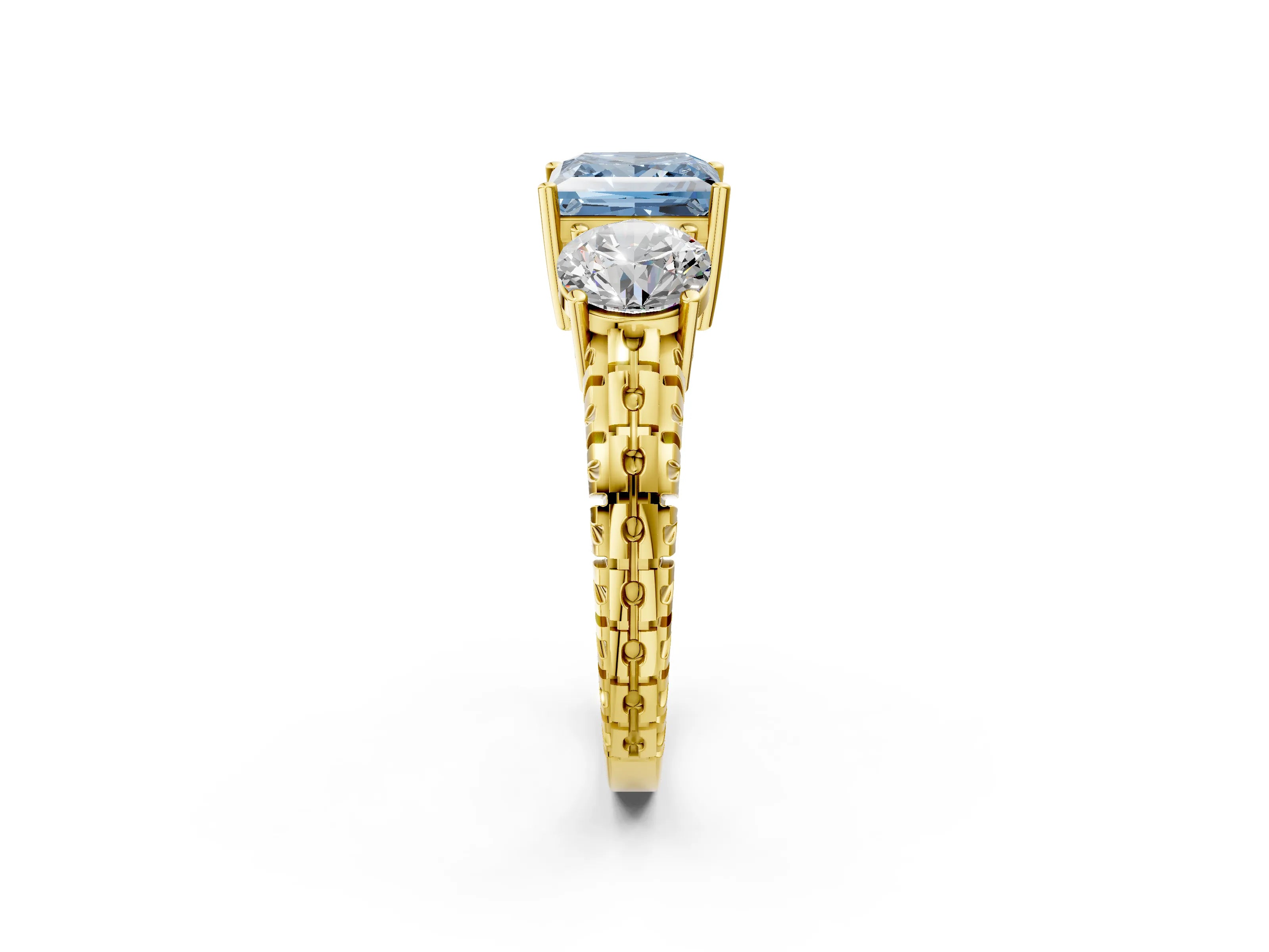 Yellow gold Three-Stone Fancy Blue Princess Cut Cut Diamond Ring with Channel-Set Band and Prong Setting_2