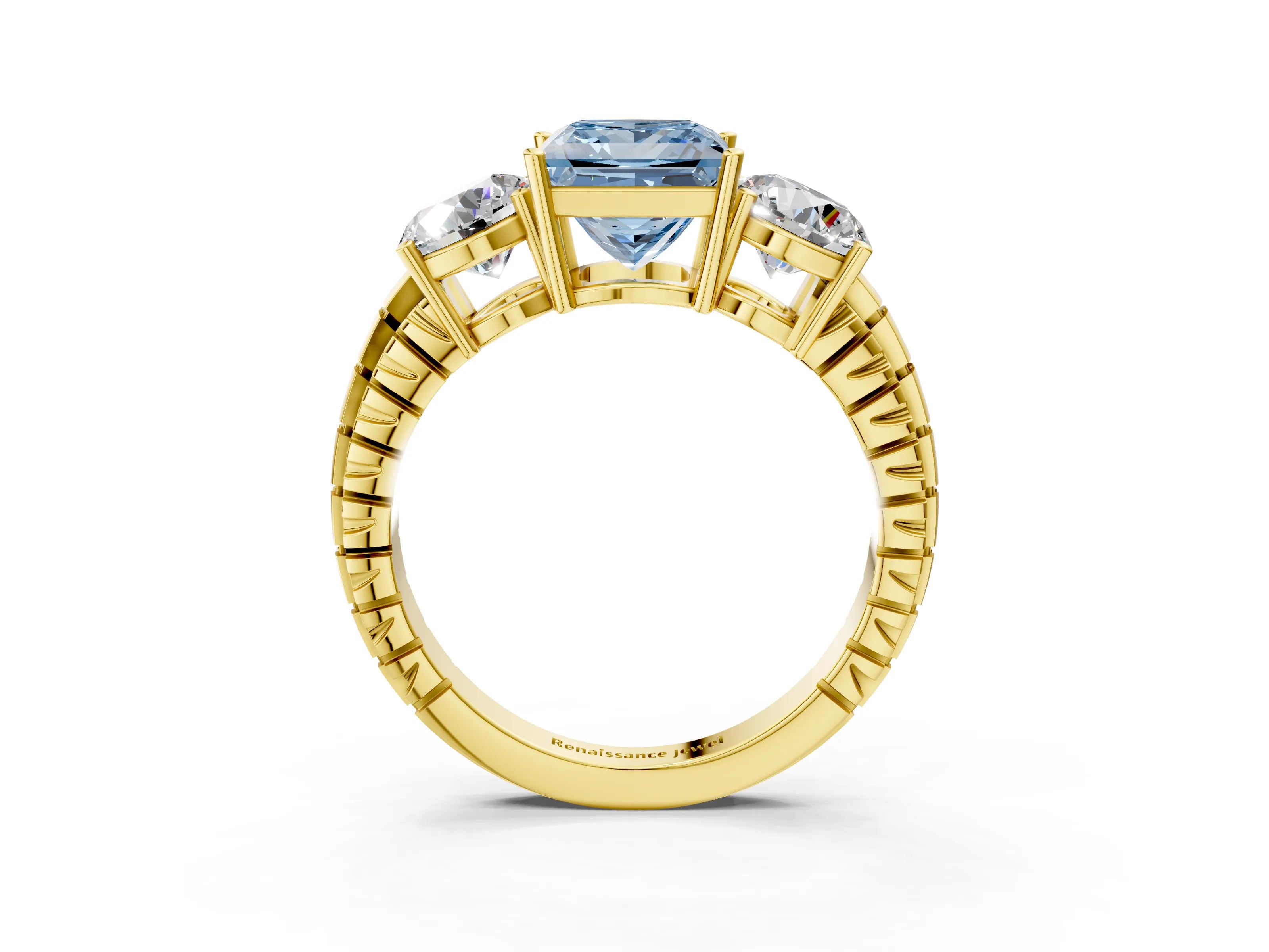 Yellow gold Three-Stone Fancy Blue Princess Cut Cut Diamond Ring with Channel-Set Band and Prong Setting_3