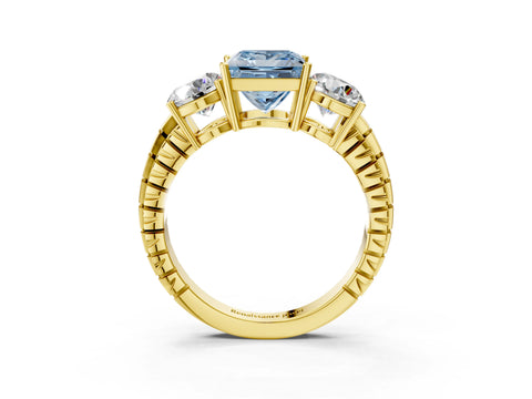 Yellow gold Three-Stone Fancy Blue Princess Cut Cut Diamond Ring with Channel-Set Band and Prong Setting_3