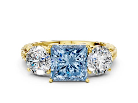 Yellow gold Three-Stone Fancy Blue Princess Cut Cut Diamond Ring with Channel-Set Band and Prong Setting