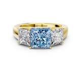 Yellow gold Three-Stone Fancy Blue Princess Cut Cut Diamond Ring with Prong Setting and Classic Band