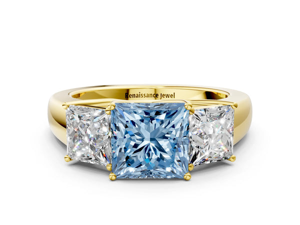 Yellow gold Three-Stone Fancy Blue Princess Cut Cut Diamond Ring with Prong Setting and Classic Band