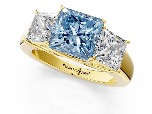 Yellow gold Three-Stone Fancy Blue Princess Cut Cut Diamond Ring with Prong Setting and Classic Band