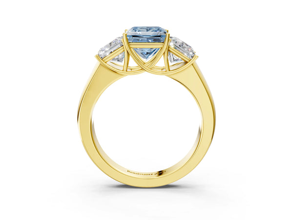 Yellow gold Three-Stone Fancy Blue Princess Cut Cut Diamond Ring with Prong Setting and Classic Band