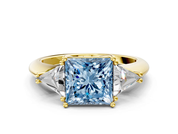 Yellow gold Three-Stone Fancy Blue Princess Cut Cut Diamond Ring with Trillion Side Stones and Four-Prong Setting
