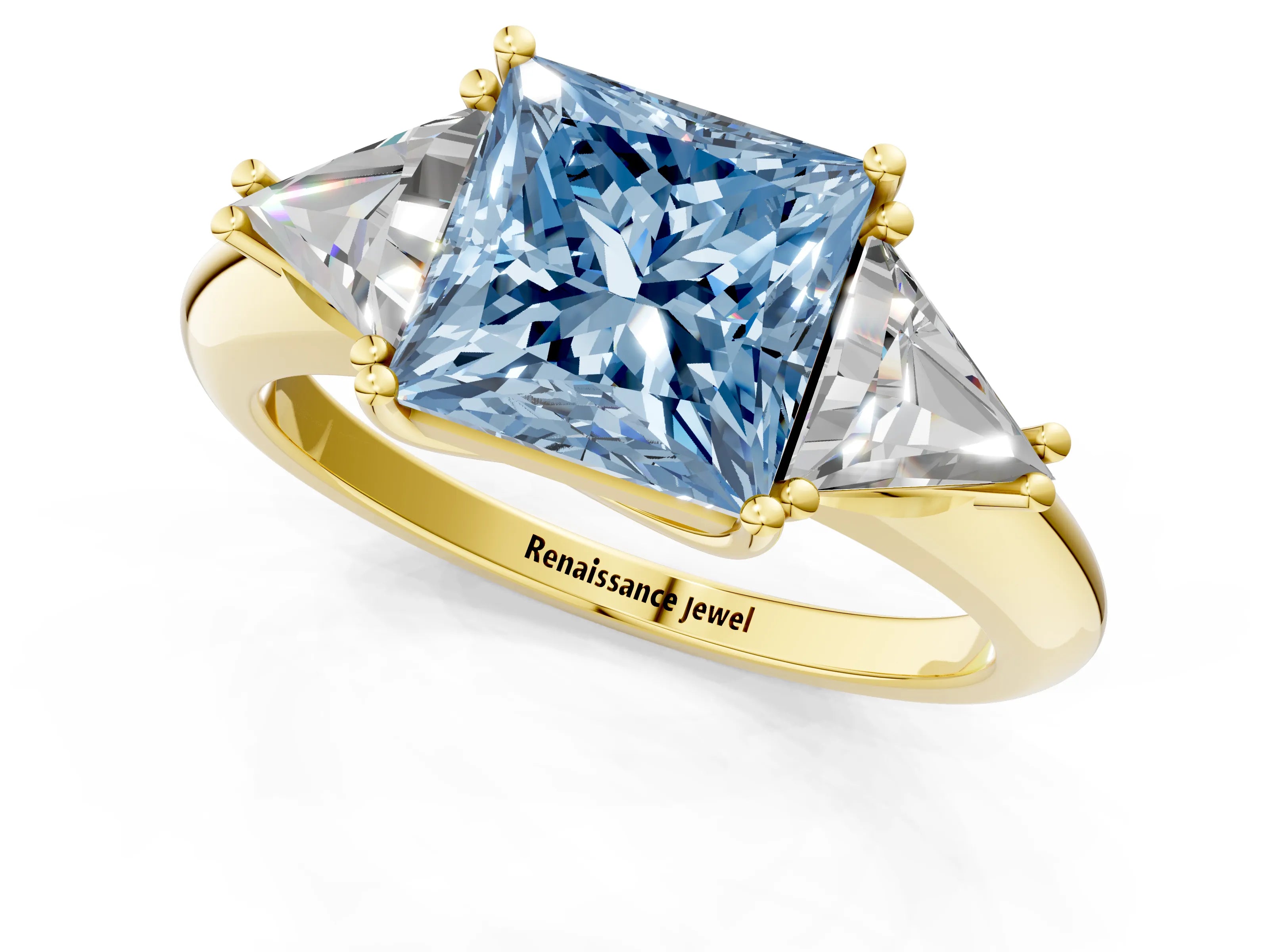 Yellow gold Three-Stone Fancy Blue Princess Cut Cut Diamond Ring with Trillion Side Stones and Four-Prong Setting_4