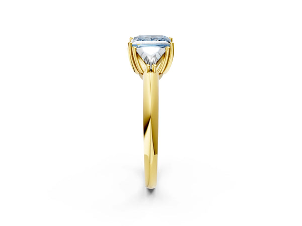 Yellow gold Three-Stone Fancy Blue Princess Cut Cut Diamond Ring with Trillion Side Stones and Four-Prong Setting