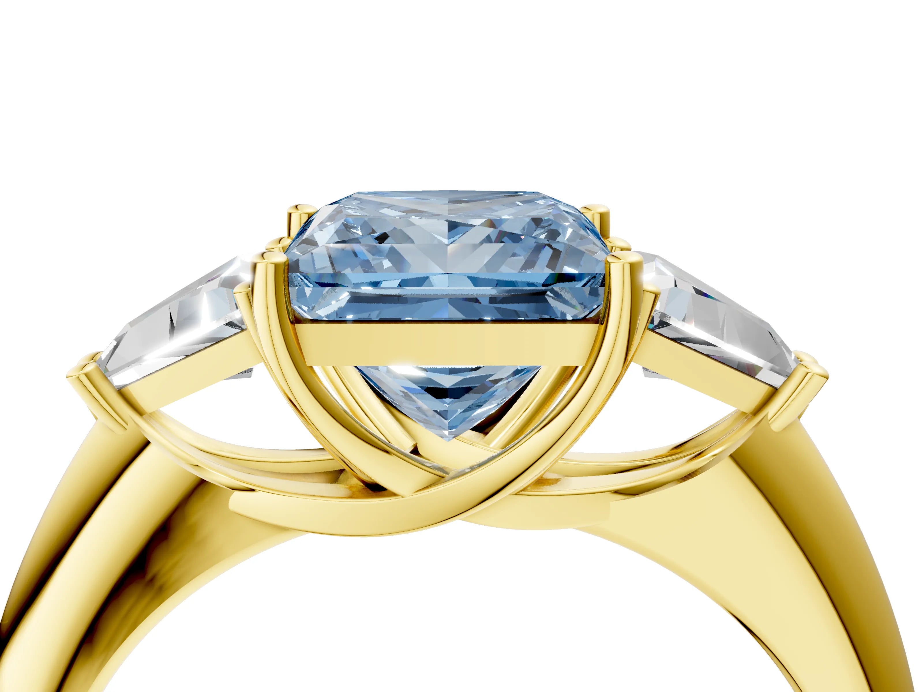 Yellow gold Three-Stone Fancy Blue Princess Cut Cut Diamond Ring with Trillion Side Stones and Four-Prong Setting_7