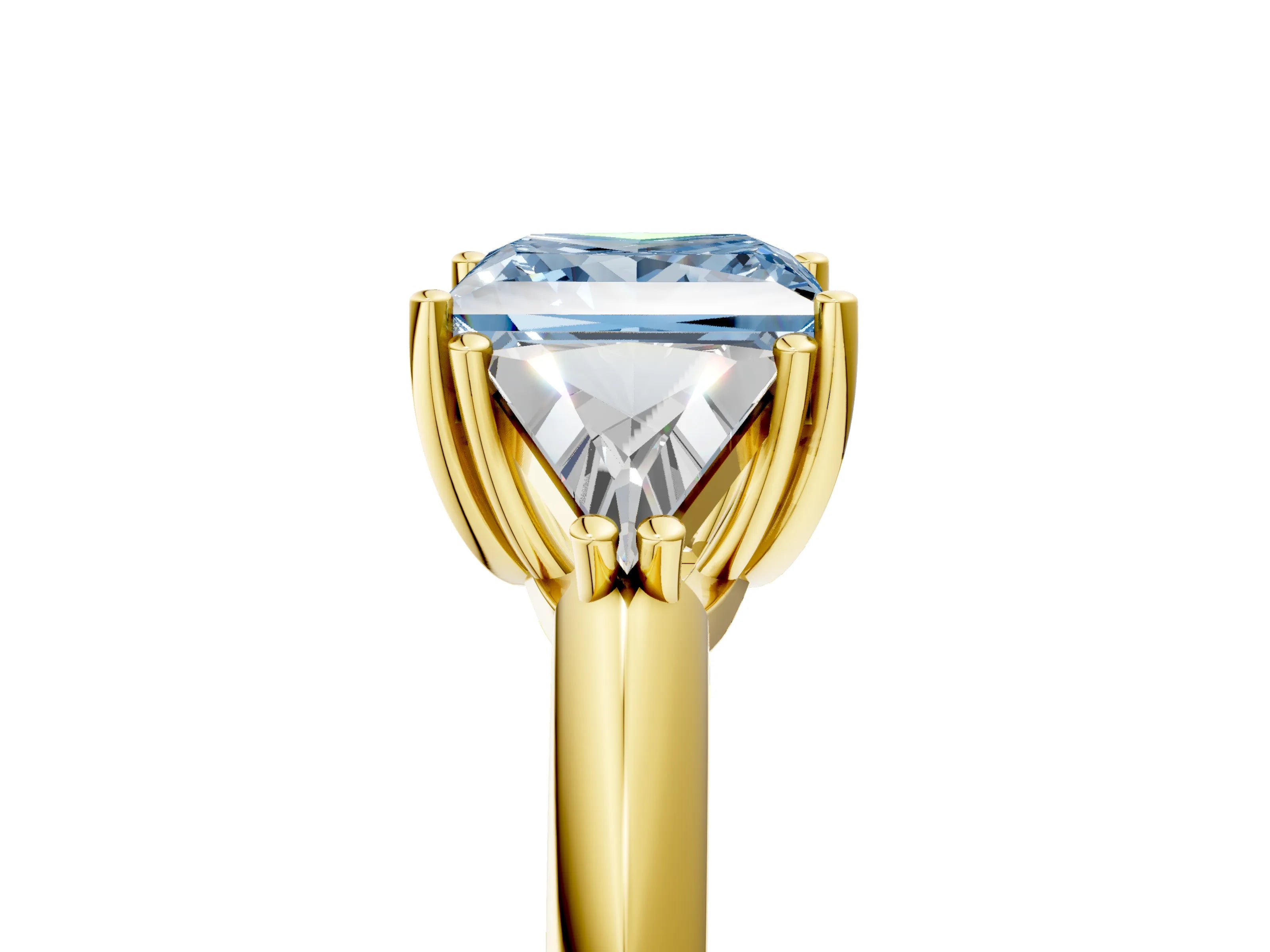 Yellow gold Three-Stone Fancy Blue Princess Cut Cut Diamond Ring with Trillion Side Stones and Four-Prong Setting_8