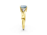 Yellow gold Three-Stone Fancy Blue Princess Cut Cut Diamond Ring with Trillion Side Stones on a Split Shank Band_2