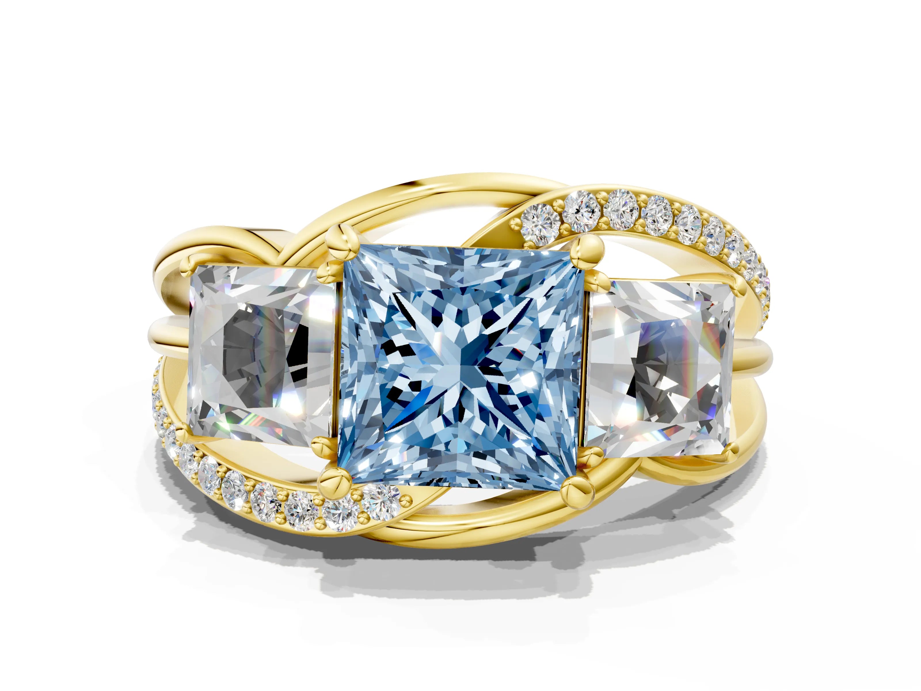Yellow gold Three-Stone Fancy Blue Princess Cut Cut Diamond Split Shank Prong Set Ring