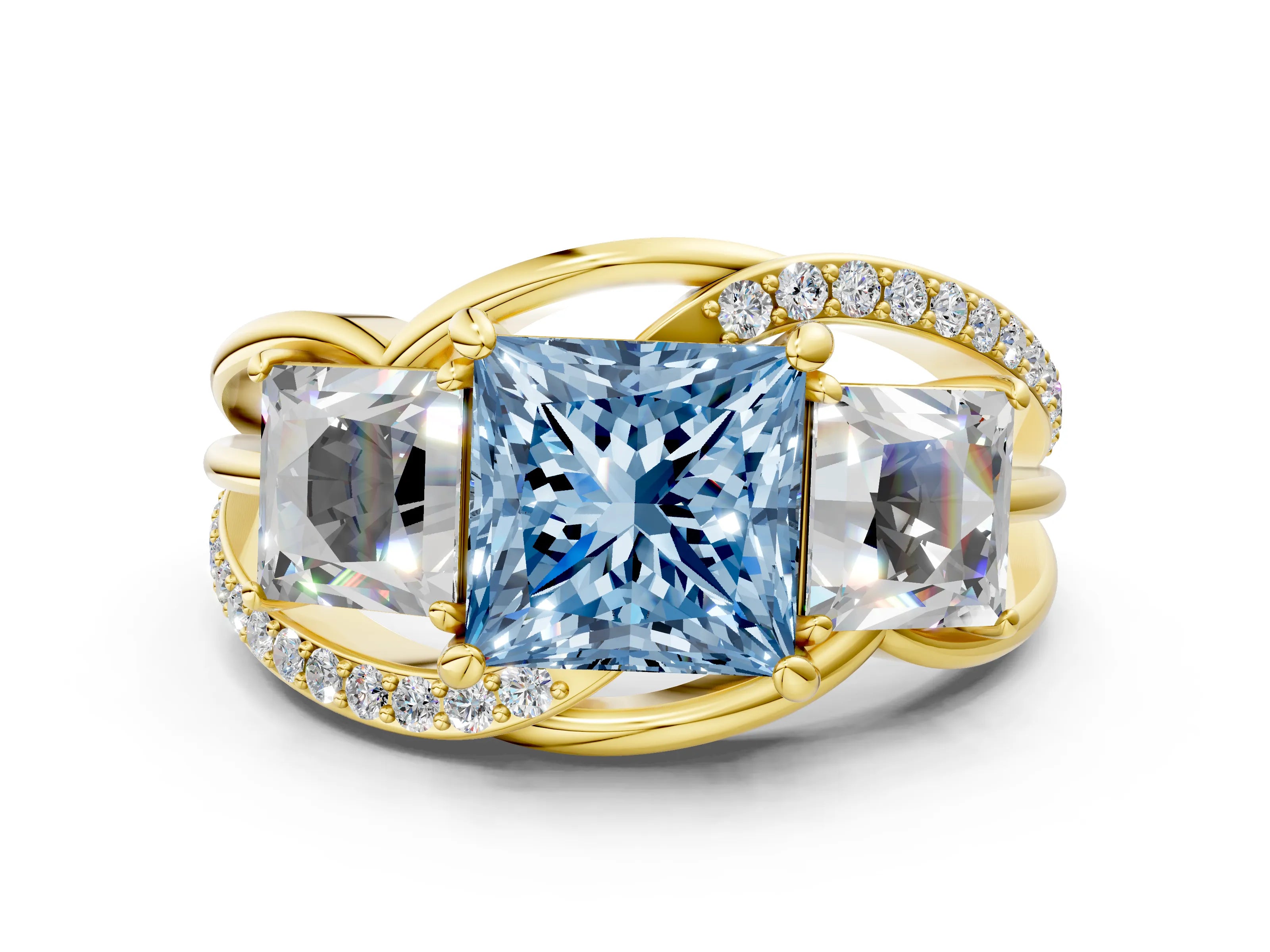 Yellow gold Three-Stone Fancy Blue Princess Cut Cut Diamond Split Shank Prong Set Ring_12