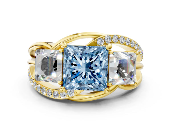 Yellow Gold Princess Cut Three Stone Split Shank Engagement Ring Setting for Fancy Blue Center