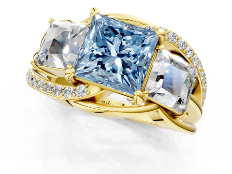 Yellow gold Three-Stone Fancy Blue Princess Cut Cut Diamond Split Shank Prong Set Ring_13