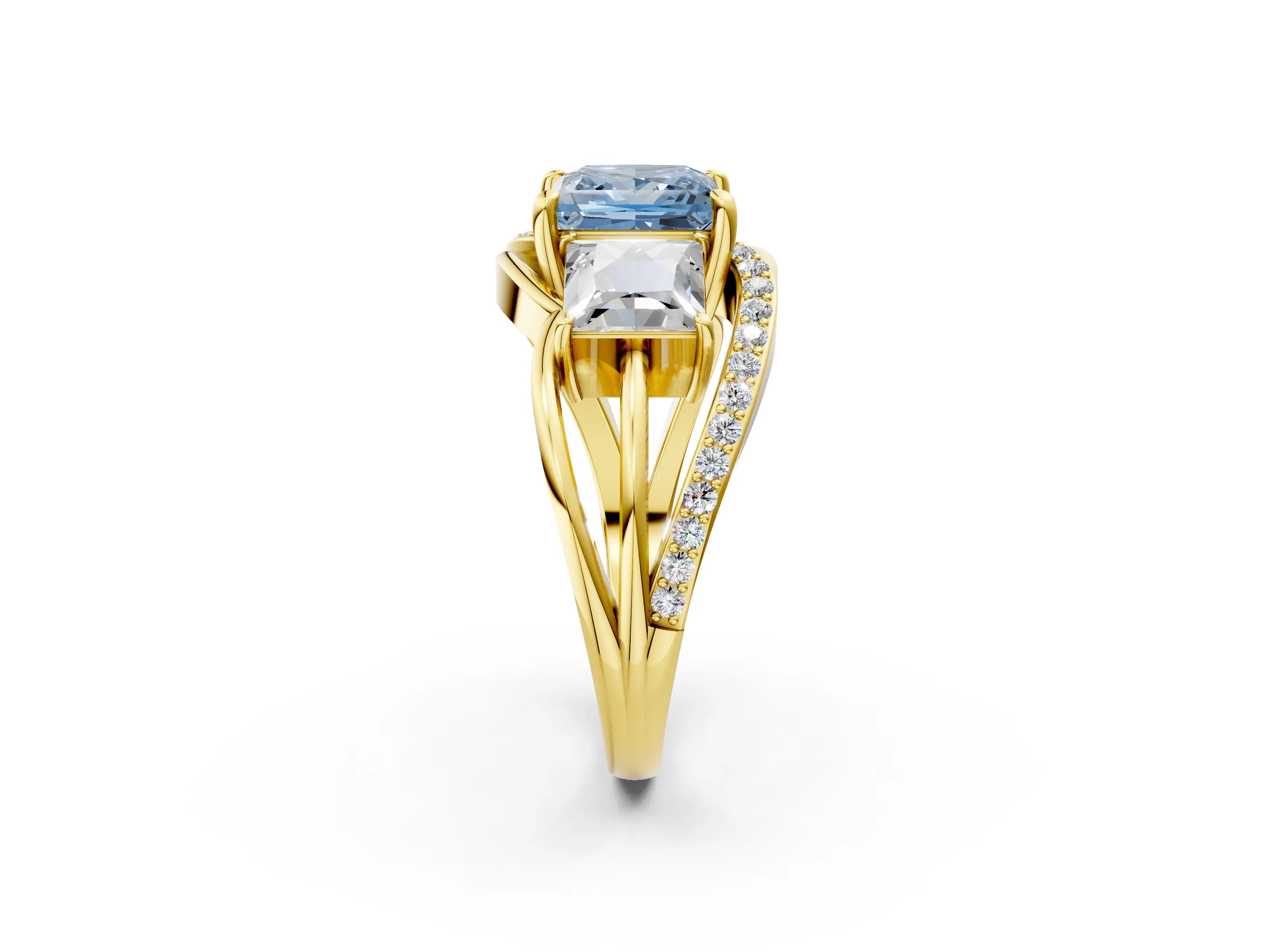 Yellow gold Three-Stone Fancy Blue Princess Cut Cut Diamond Split Shank Prong Set Ring_14