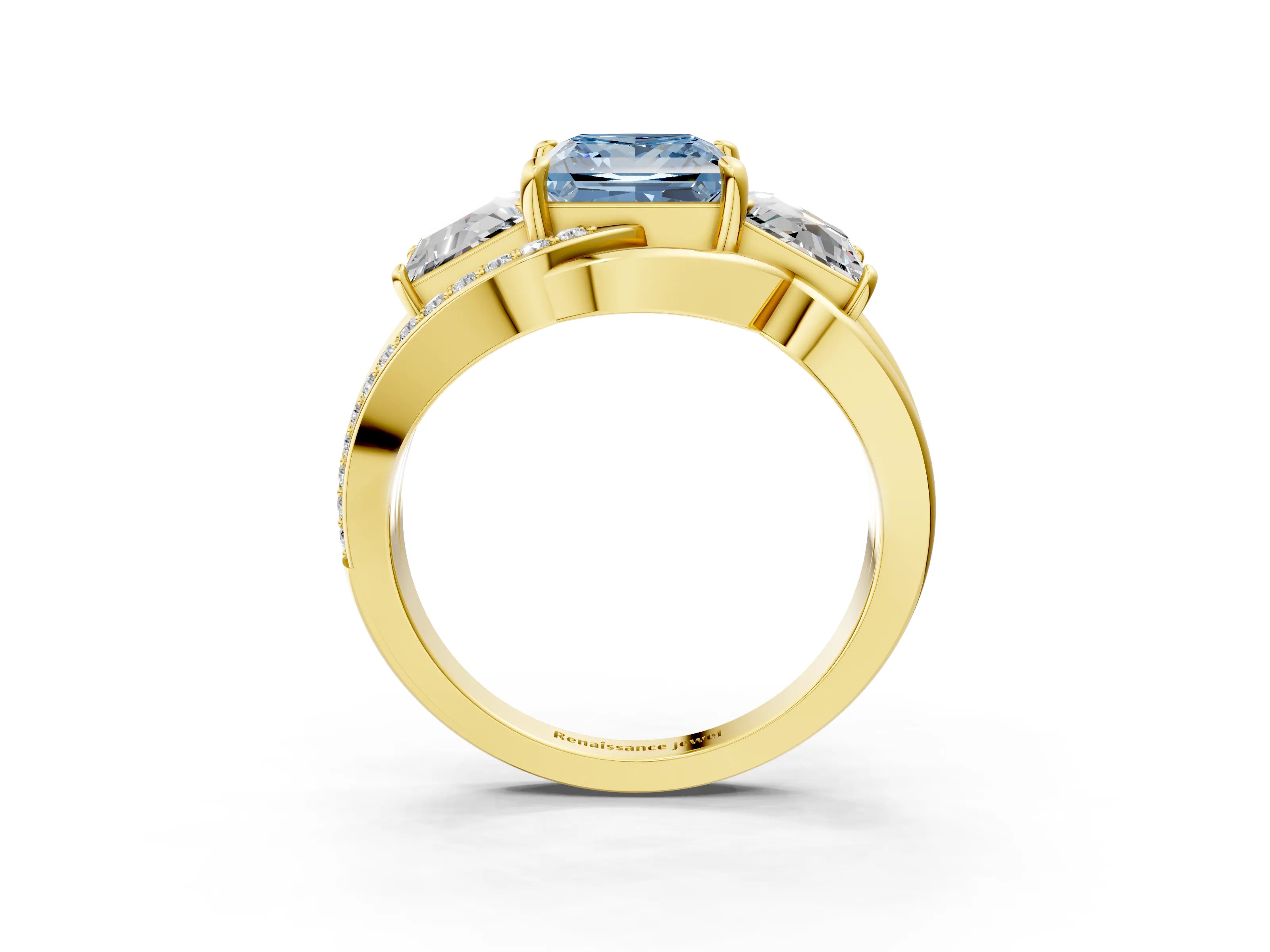 Yellow gold Three-Stone Fancy Blue Princess Cut Cut Diamond Split Shank Prong Set Ring_15