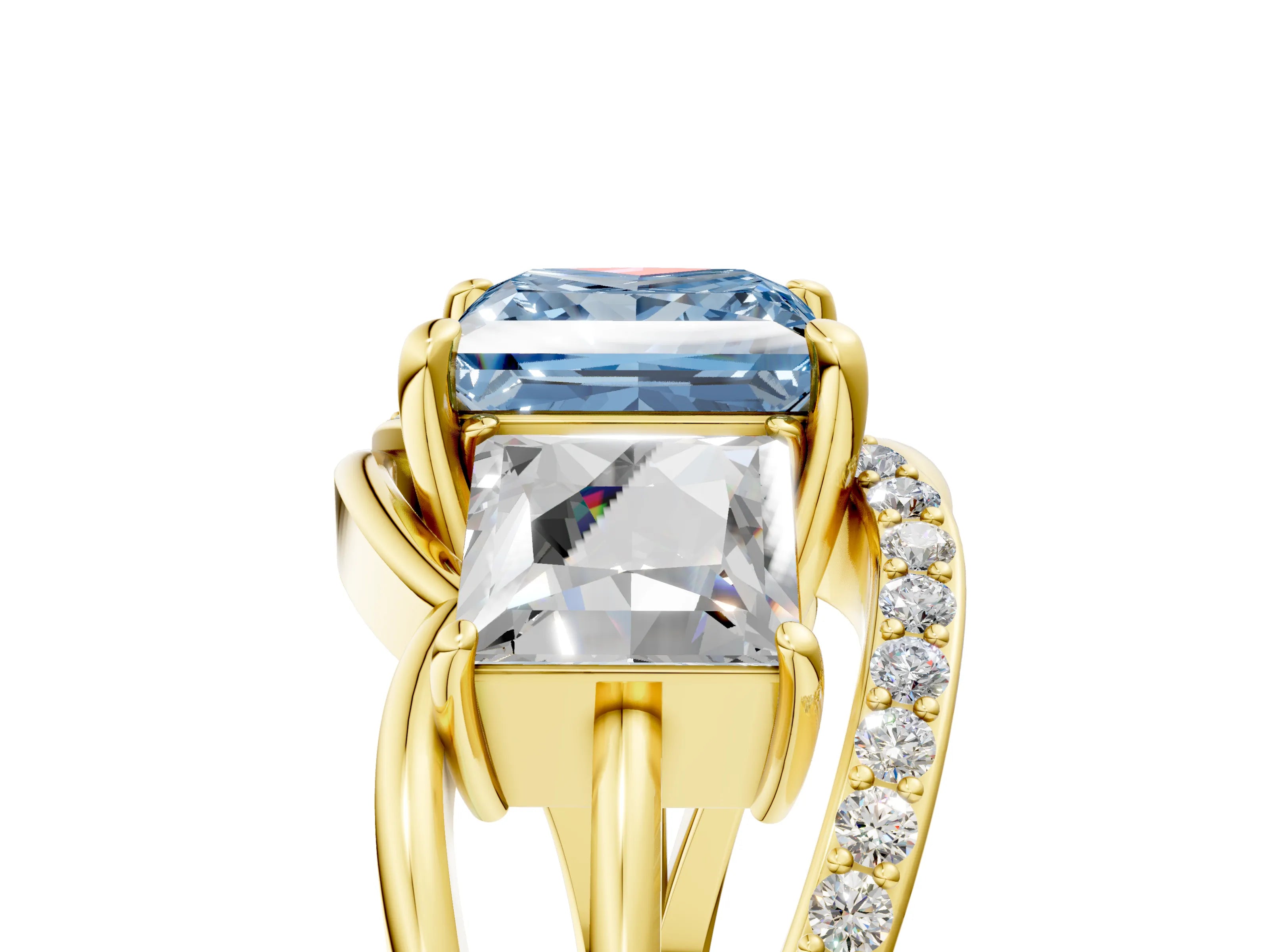 Yellow gold Three-Stone Fancy Blue Princess Cut Cut Diamond Split Shank Prong Set Ring_17