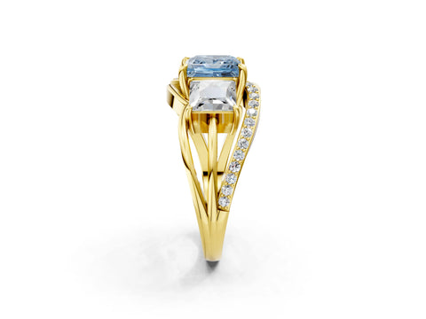Yellow gold Three-Stone Fancy Blue Princess Cut Cut Diamond Split Shank Prong Set Ring_2