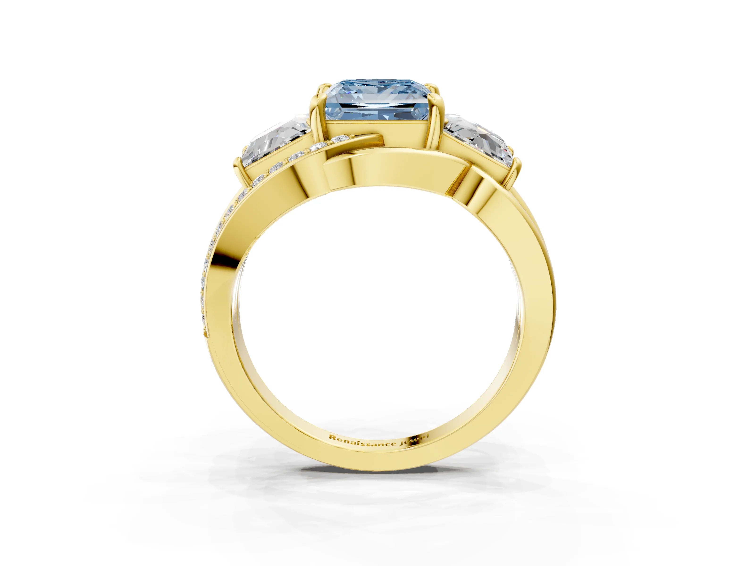 Yellow gold Three-Stone Fancy Blue Princess Cut Cut Diamond Split Shank Prong Set Ring_3