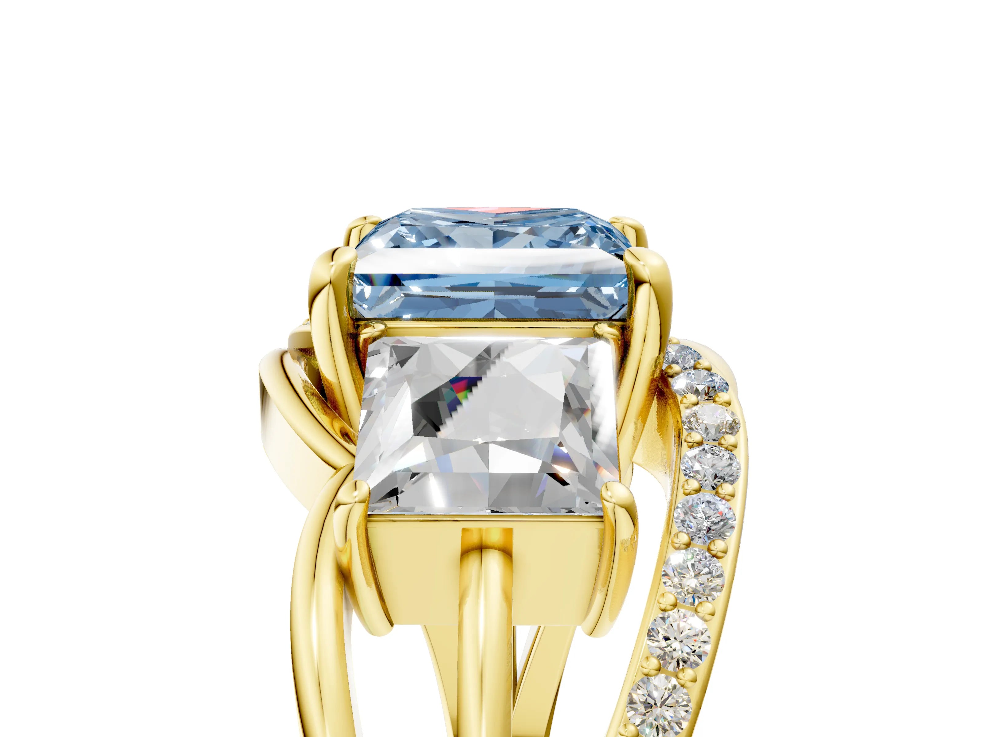 Yellow gold Three-Stone Fancy Blue Princess Cut Cut Diamond Split Shank Prong Set Ring_5