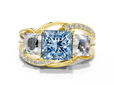 Yellow gold Three-Stone Fancy Blue Princess Cut Cut Diamond Split Shank Prong Set Ring