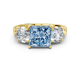 Yellow gold Three-Stone Fancy Blue Princess Cut Cut Milgrain Band Prong Setting Ring_6