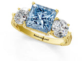 Yellow gold Three-Stone Fancy Blue Princess Cut Cut Milgrain Band Prong Setting Ring_7