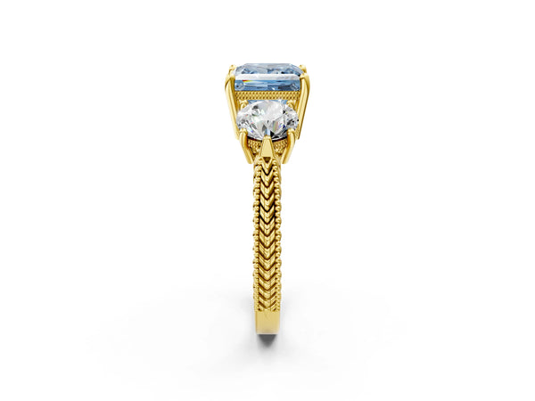 Yellow Gold Princess Cut Vintage Three Stone Engagement Ring Setting for Fancy Blue Center