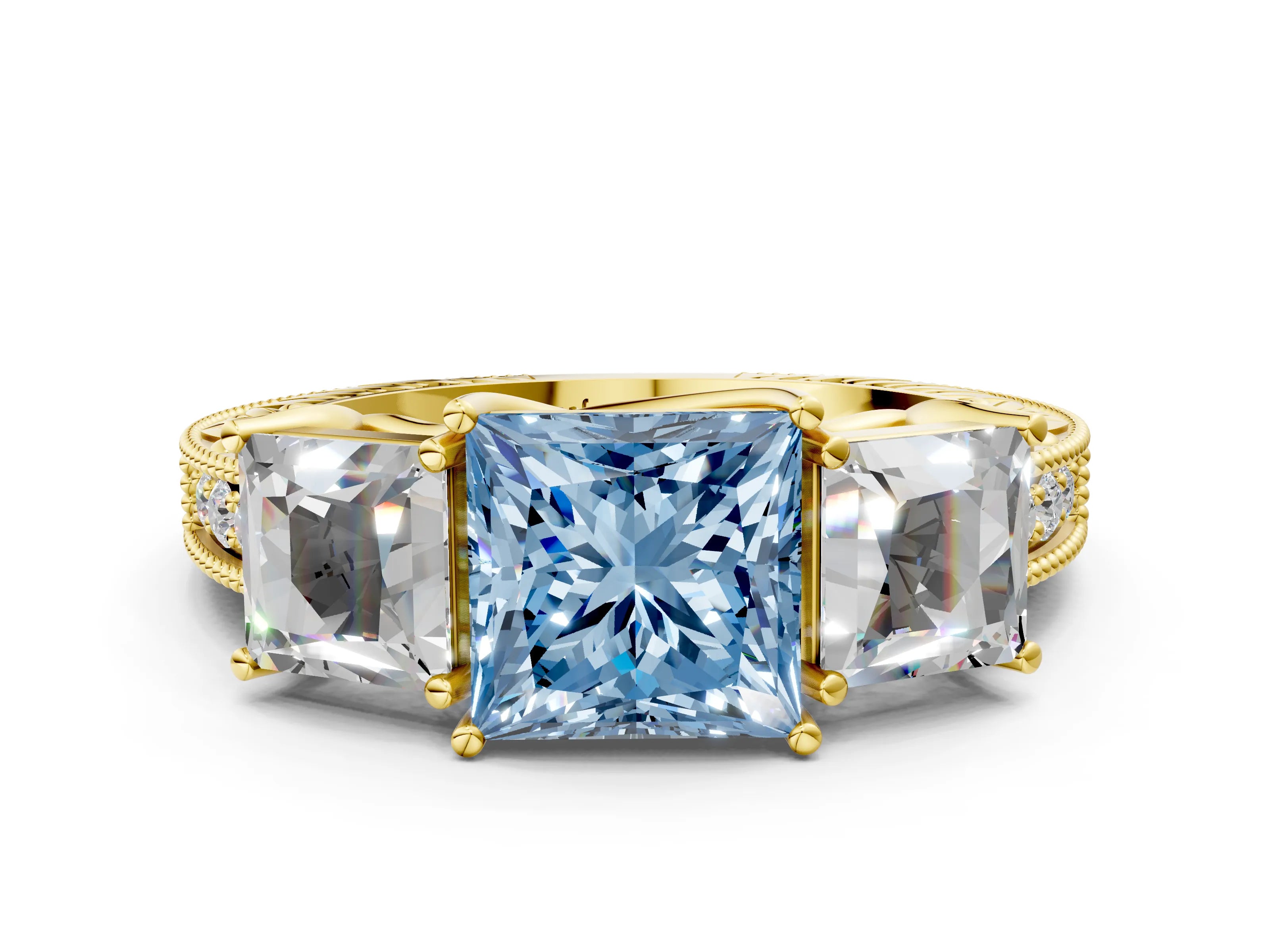 Yellow gold Three-Stone Fancy Blue Princess Cut Cut Milgrain Pavé Engagement Ring