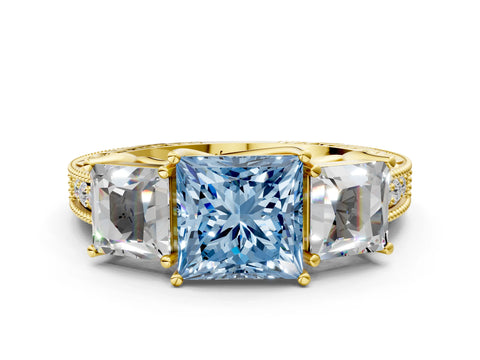 Yellow gold Three-Stone Fancy Blue Princess Cut Cut Milgrain Pavé Engagement Ring_12