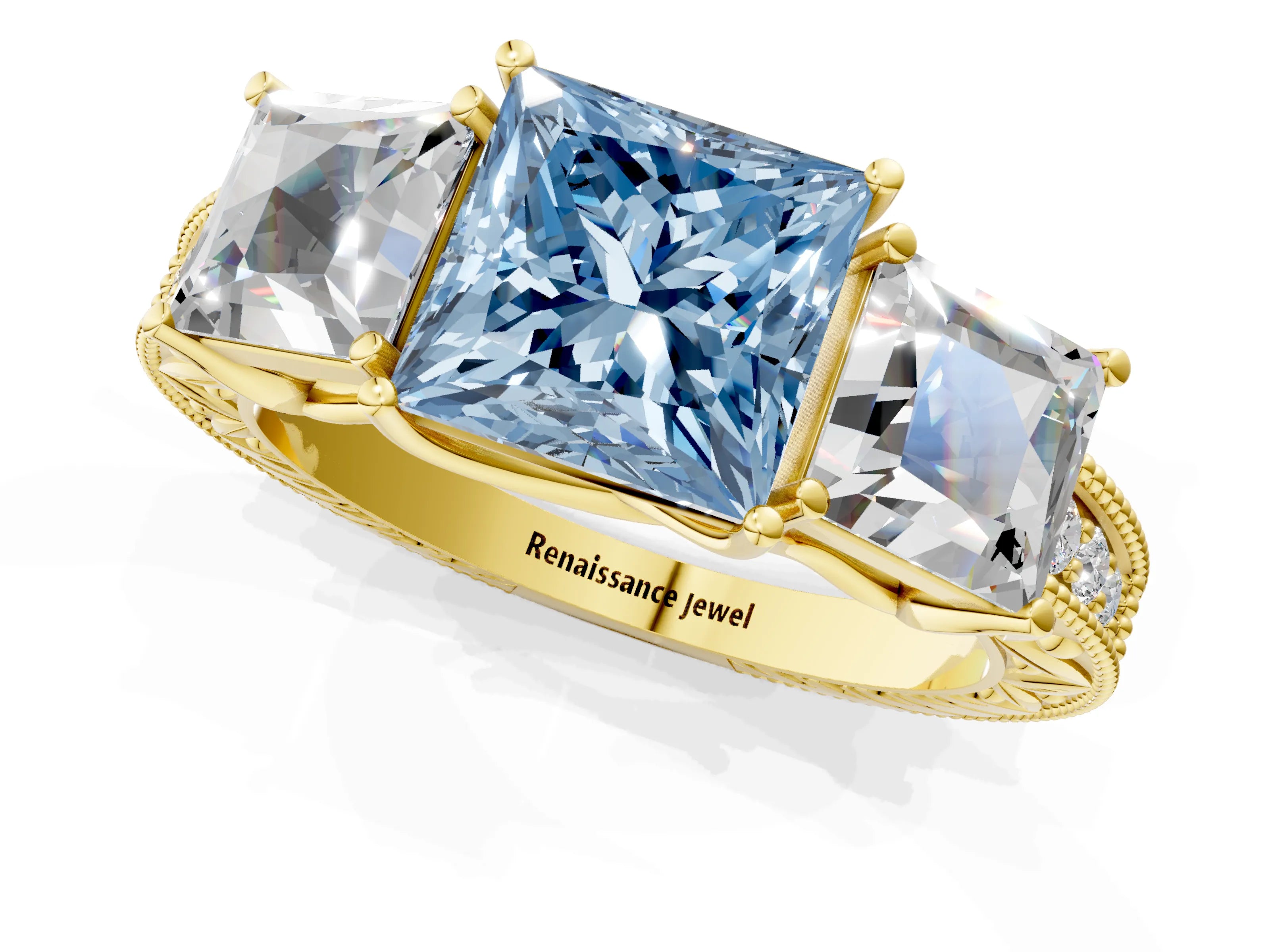 Yellow gold Three-Stone Fancy Blue Princess Cut Cut Milgrain Pavé Engagement Ring_13