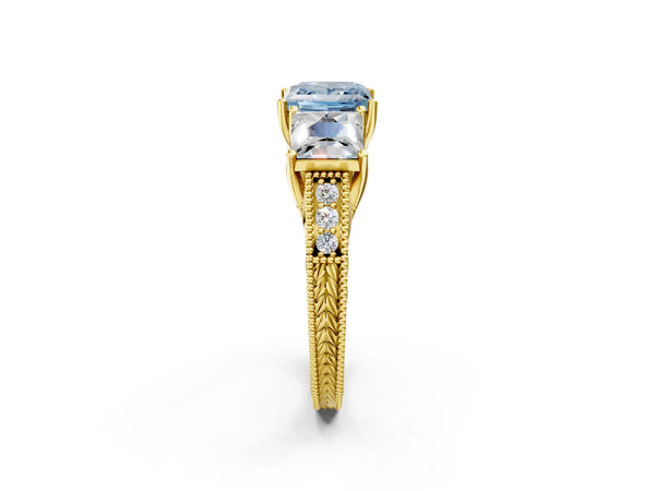 Yellow Gold Princess Cut Engraved Three Stone Engagement Ring Setting for Fancy Blue Center