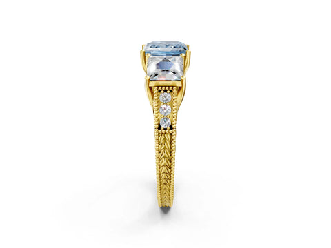 Yellow gold Three-Stone Fancy Blue Princess Cut Cut Milgrain Pavé Engagement Ring_14