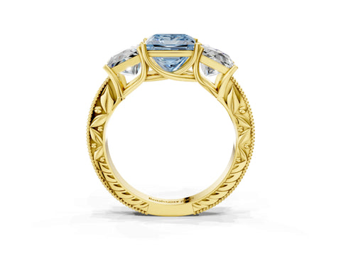 Yellow gold Three-Stone Fancy Blue Princess Cut Cut Milgrain Pavé Engagement Ring_15