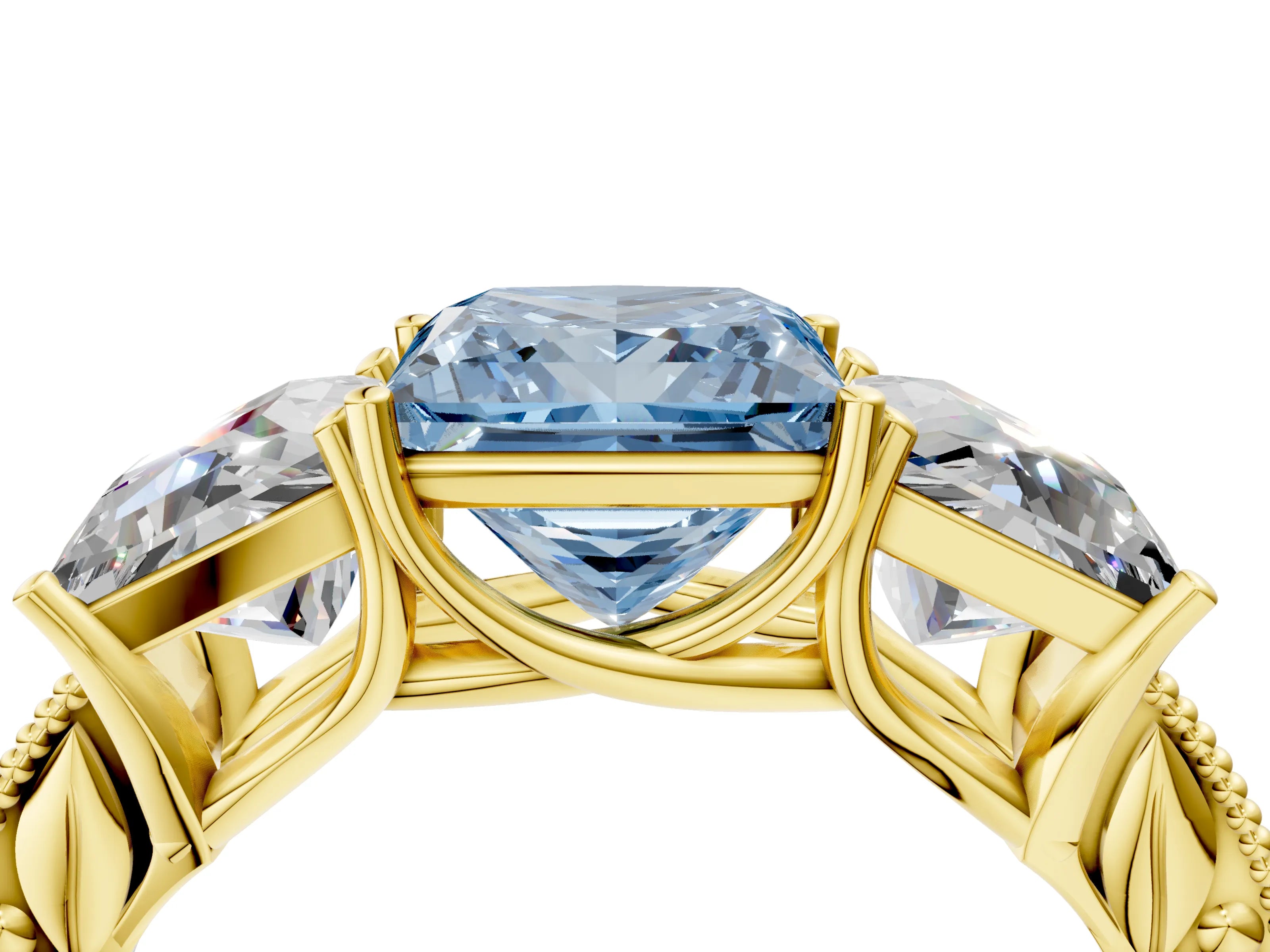 Yellow gold Three-Stone Fancy Blue Princess Cut Cut Milgrain Pavé Engagement Ring_16
