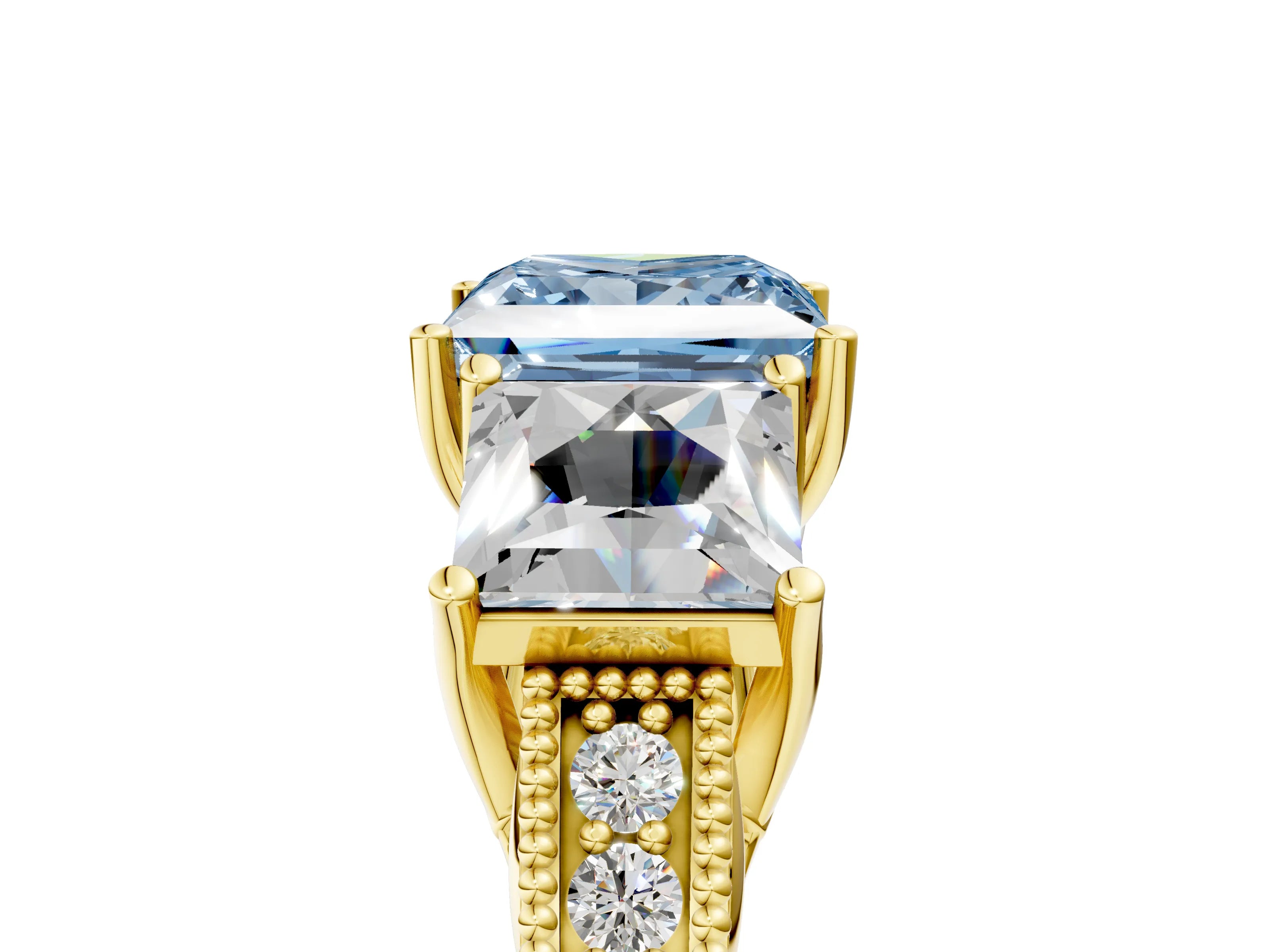 Yellow gold Three-Stone Fancy Blue Princess Cut Cut Milgrain Pavé Engagement Ring_17