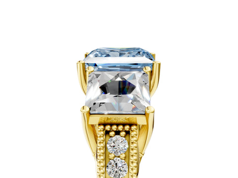 Yellow gold Three-Stone Fancy Blue Princess Cut Cut Milgrain Pavé Engagement Ring_17