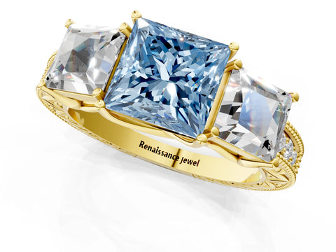 Yellow gold Three-Stone Fancy Blue Princess Cut Cut Milgrain Pavé Engagement Ring_1