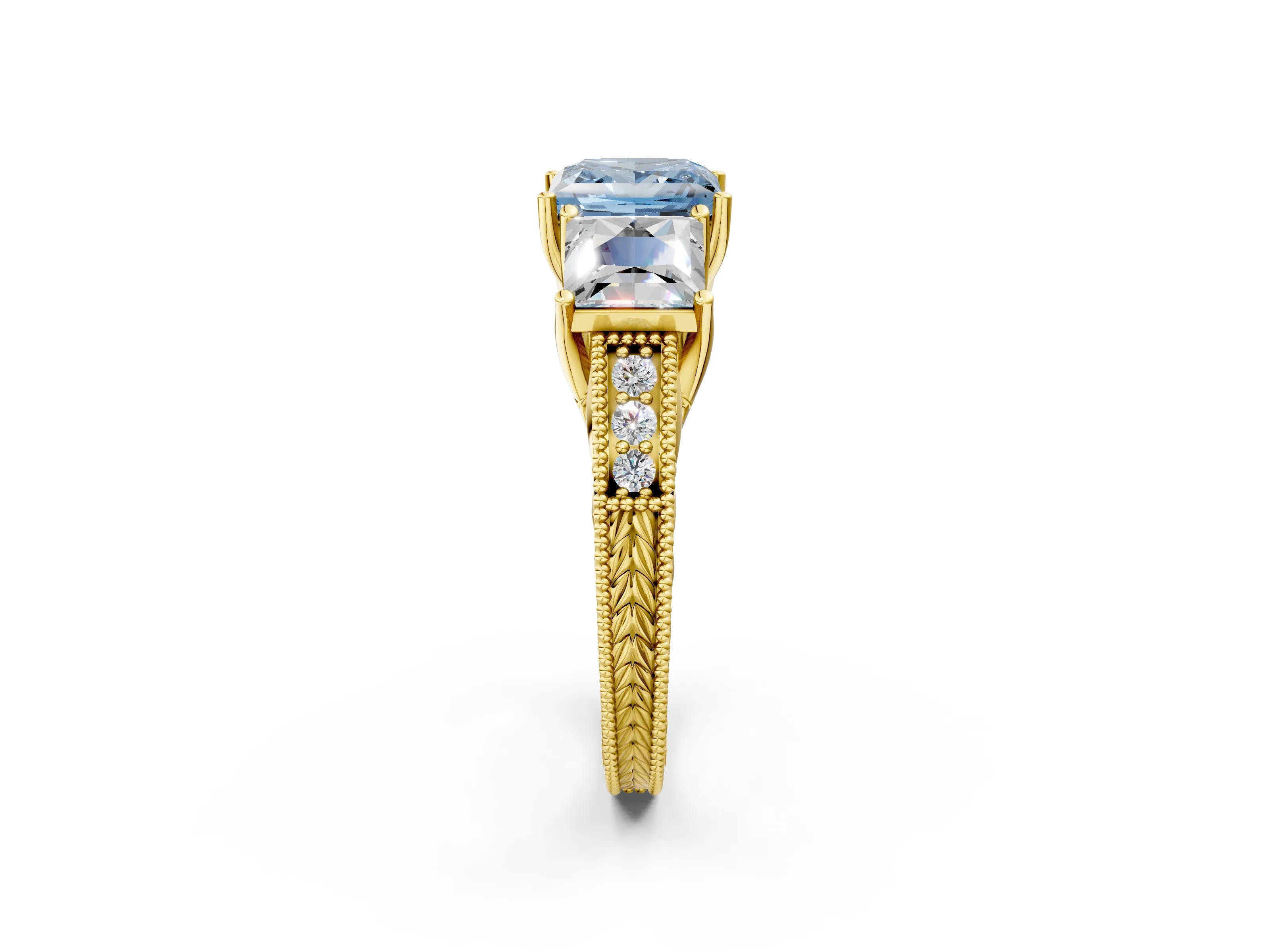 Yellow gold Three-Stone Fancy Blue Princess Cut Cut Milgrain Pavé Engagement Ring_2