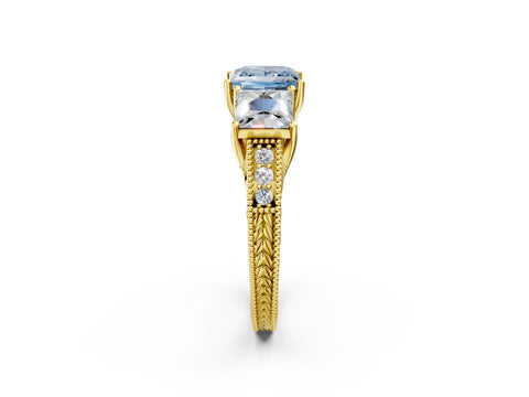 Yellow gold Three-Stone Fancy Blue Princess Cut Cut Milgrain Pavé Engagement Ring_2